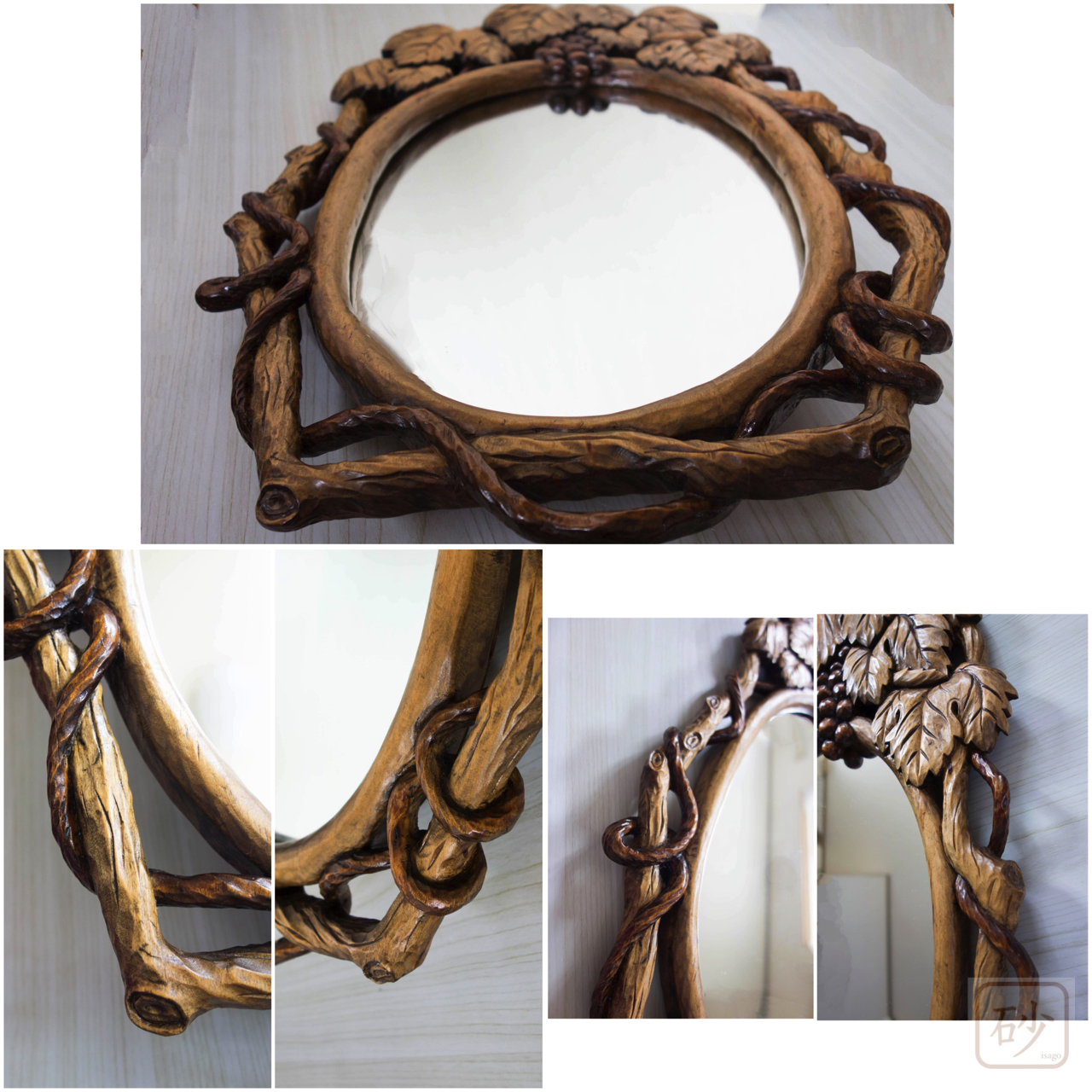 木彫りの鏡　ブドウ