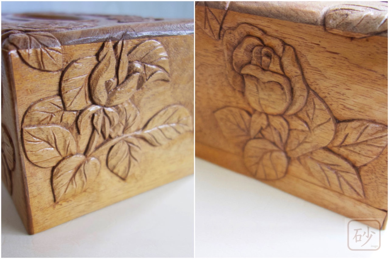 木彫りのティッシュケースカバー　バラ
