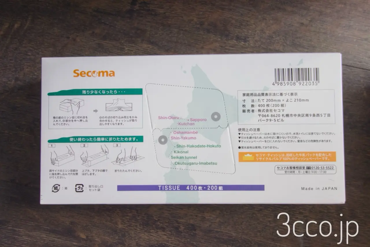 セコマ新幹線ティッシュの裏面